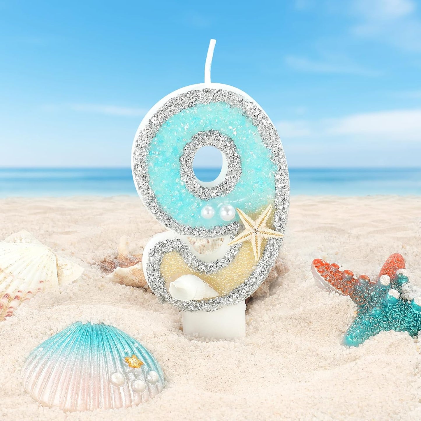 Beach Birthday Candle Starfish Number 9 Candles 9th Cake Candle Blue Birthday Cake Topper Cupcake Decorations Party Decor Anniversary Celebrations Supplies Favors