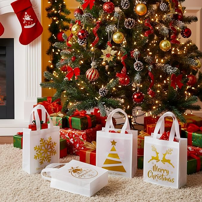 Wesnoy 48 Pcs Christmas Gift Bags Bulk 10 x 8 x 4 Inch White Gold Metallic Goodies Bags Reusable Non Woven Christmas Party Favors Candy Treat Totes with Handle for Holiday Gift Birthday Party Supplies