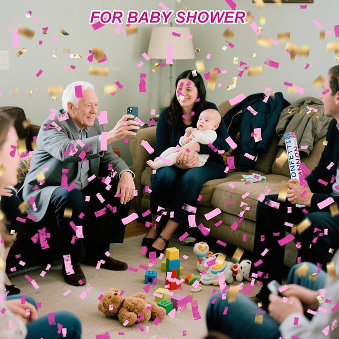 4 Pack Gender Reveal Confetti Cannon, 12 in Pink Rectangle Shaped Paper Party Poppers Cannons, Confetti Poppers For Baby Boy Girl Gender Reveal Baby Showers (Rectangle, Pink)