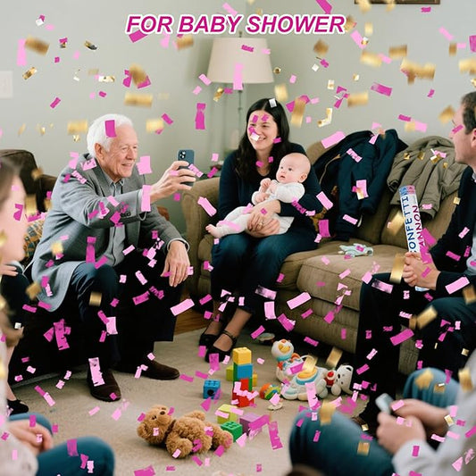 4 Pack Gender Reveal Confetti Cannon, 12 in Pink Rectangle Shaped Paper Party Poppers Cannons, Confetti Poppers For Baby Boy Girl Gender Reveal Baby Showers (Rectangle, Pink)