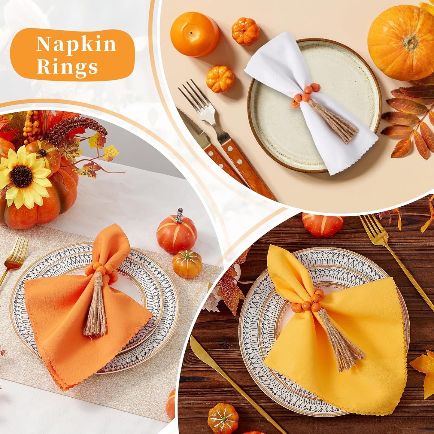 AWTWOW Napkin Rings Set of 12, Orange Wooden Bead Napkin Rings for Table Decor, Thanksgiving Farmhouse Napkins Rings for Boho Table Decor, Fall Banquet, Wedding, Holiday Dinner Party, Easter