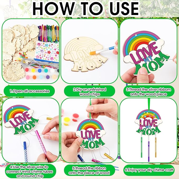DoubleFill 30 Pack Wind Chime Kit Make You Own Mother's Day Wind Chimes Crafts DIY Coloring Wooden Mother's Day Craft for Mom's Birthday Gifts Party Decoration Art Hanging Ornaments