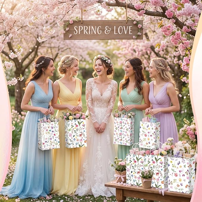 Gilprop 48 Pcs Wildflower Paper Gift Bags Spring Floral Candy Goodie Treat Bags Easter Flower Party Favor Bag with Handle for Mother's Day Birthday Party Bridal Shower Wedding Gift Wrapping Supplies