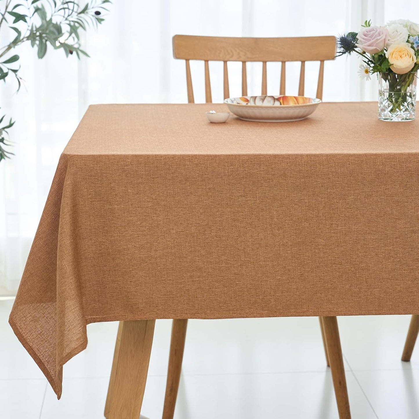 maxmill Fall Tablecloth Waterproof Spillproof Wrinkle Resistant Wipeable Linen Textured Dining Table Cloth for Harvest Thanksgiving Dinner, Party, Buffet and Camping, Square 60 x 60 Inch, Amber