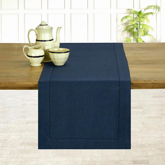 D'Moksha Homes Linen Navy Blue Table Runner 120 Inches Long - 100% Pure Linen Hemstitch 14 x 120 Inch Table Runner for Dining, Fall, Autumn and Halloween - Classic Hemstitch