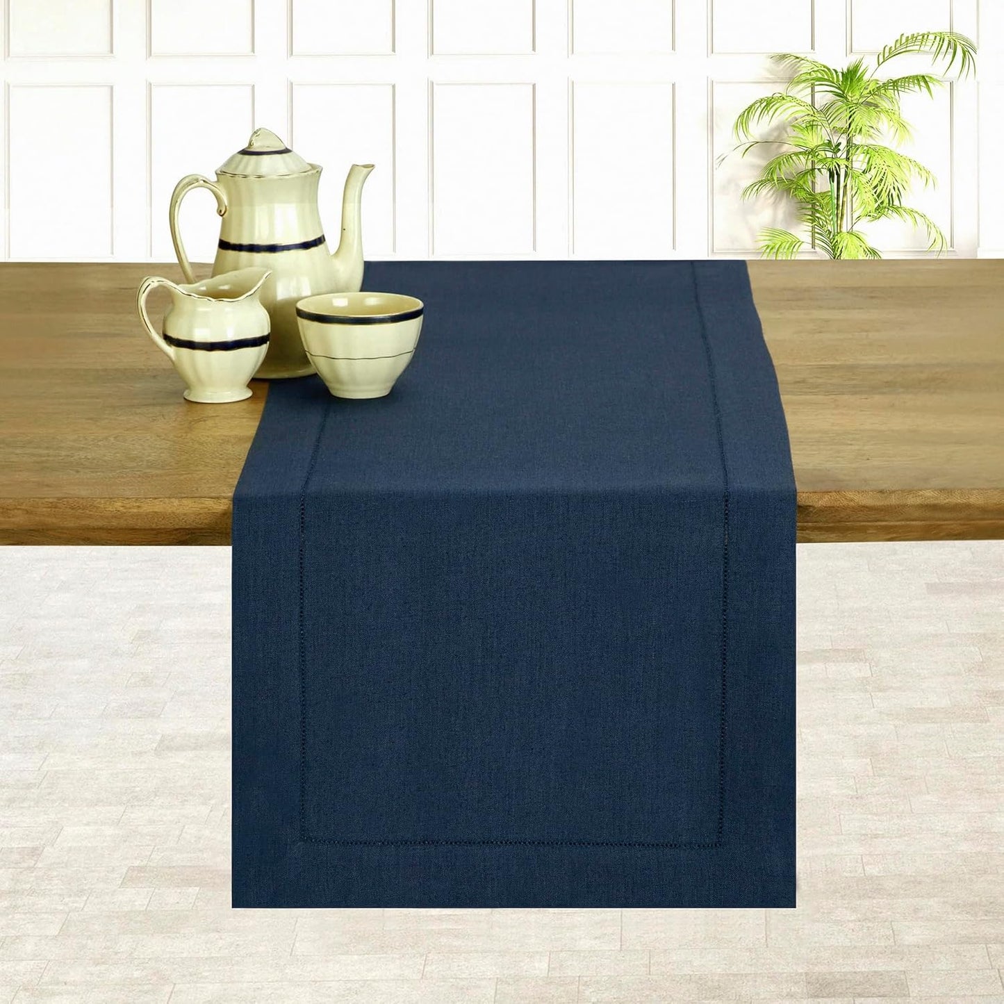 D'Moksha Homes Linen Navy Blue Table Runner 84 Inches Long - 100% Pure Linen Table Runner 14 x 84 Inch for Fall, Autumn and Halloween - Classic Hemstitch