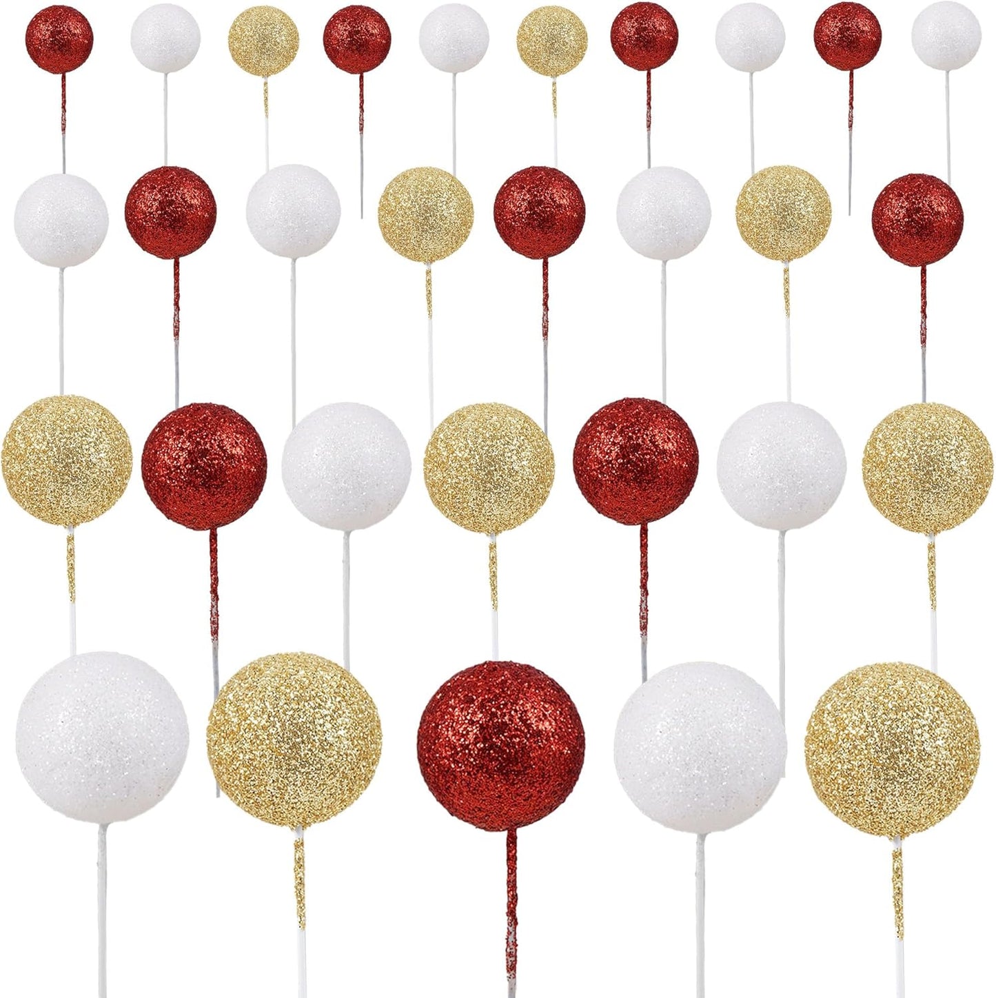 30Pcs Balls Cake Topper Glitter Foam Ball Cake Picks Faux Pearl Ball Shaped Cupcake Insert Cake Topper for Baby Shower Wedding Anniversary Birthday Graduation Party Decorations Gold White Red