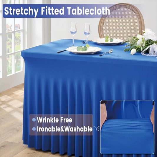 Outpain 8ft Spandex Table Cloth for Standard Folding Tables-6Pack Royal Blue Table Cloth Table Protector for Party, Wedding, Cocktail, Banquet, Festival