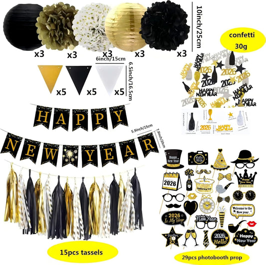 2026 New Years Eve Party Decorations Set, 62 Pieces, Black and Gold Banner, Triangle Flags, Paper Lanterns, Tassels, Photo Props