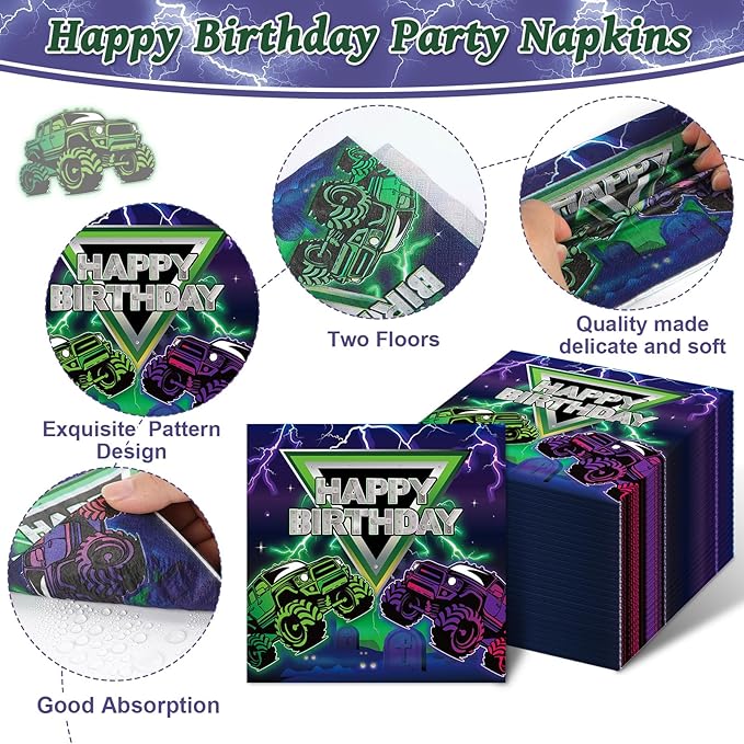OBUSATT 96Pcs Monster Truck Birthday Party Supplies Truck Birthday Paper Plates Napkins and Forks Monster Truck Party Decorations Green Purple Dinnerware Party Favor ableware Serves 24