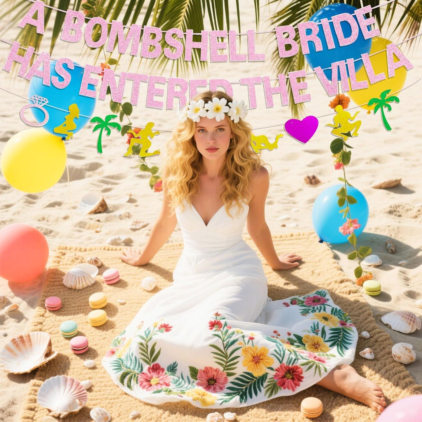 A Bombshell Bride Has Entered The Villa Banner Palm Tree Ring Mylar Balloon for Love Island Themed Bachelorette Party Decorations