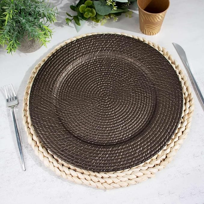 Efavormart 6 Pack | 13" Natural Brown Acrylic Plastic Rattan-Like Charger Plates, Round Disposable Dinner Serving Plates