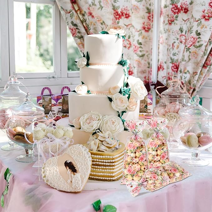 Outus 100 Pieces Party Cellophane Treat Bag Floral Candy Bags for Baby Shower Wedding Bridal Shower Supplies Favors Decorations Birthday Theme Floral Graduation Decor (Flowers)