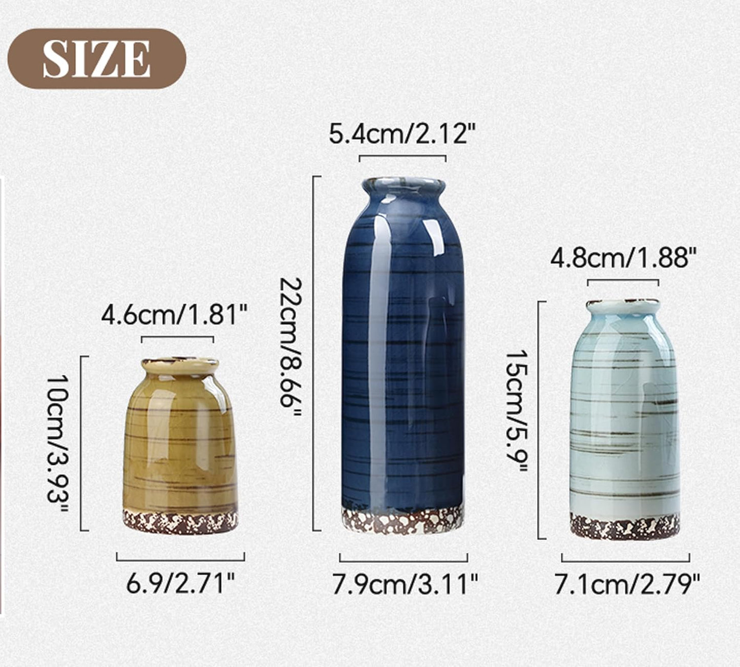 Ceramic Vase Set of 3, Glossy Glazed Surface 8.7" Tall Table Modern Farmhouse Decorative Small Flower Vase for Christmas Home Decor Bookshelf Living Room Bedroom Blue