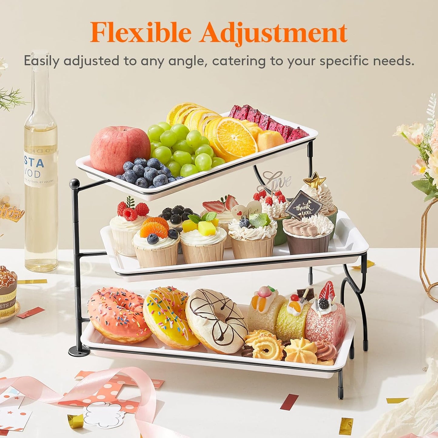 Lifewit 3 Tier Serving Tray, 14" x 6.5" White Plastic Tiered Food Serving Platters, Rotatable Tiered Tray Stand for Party with Black Collapsible Metal Stand, Dessert Table Stands for Cookies, Crackers