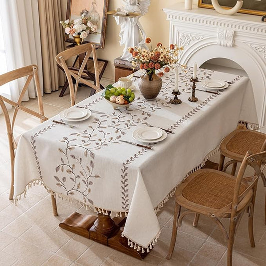 Joyfol Day Rectangle Linen Tablecloth, Heavy Duty Waterproof Tablecloths, Farmhouse Embroidery Leaves Table Cloth with Tassels, Soft Wrinkle Free Table Cover, Coffee Vines, 55''x 102''