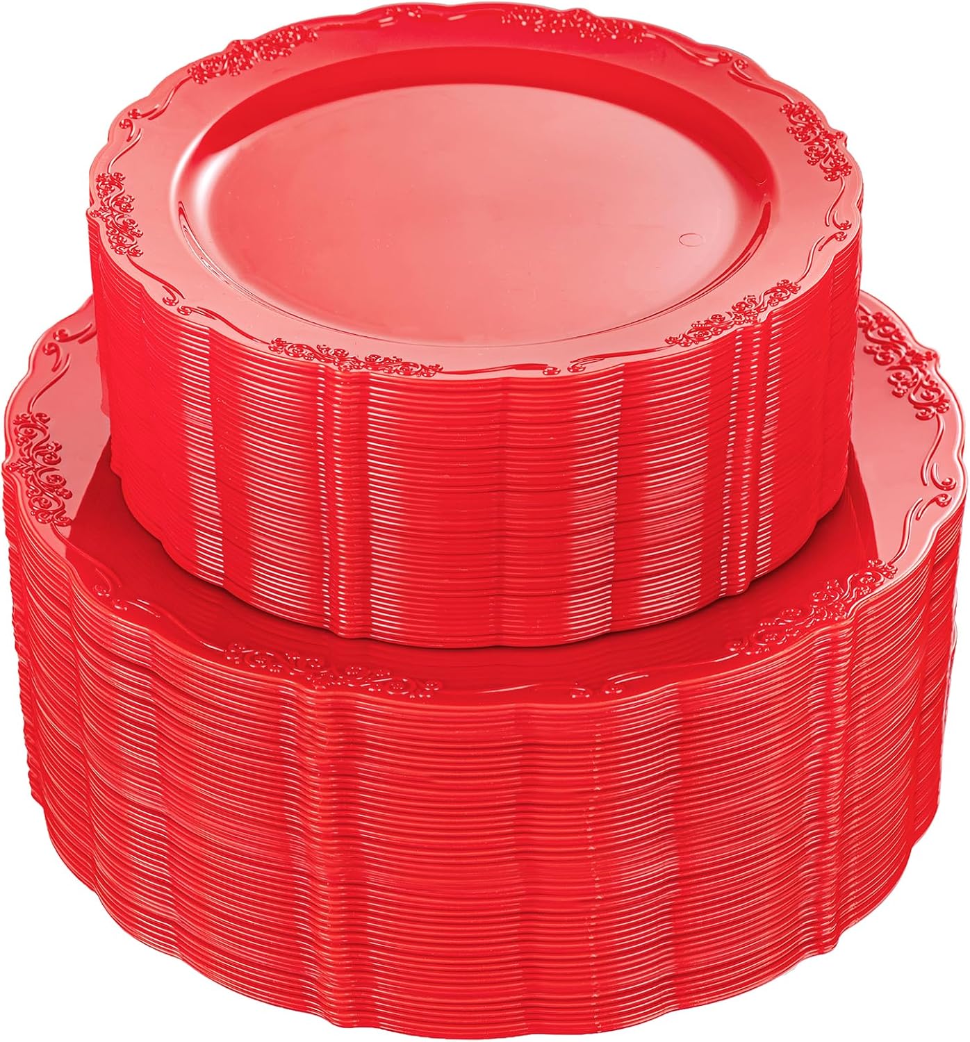 U-QE 100PCS Red Plastic Plates - Heavy Duty Plastic Disposable Party Supplies Include 50PCS 10" Dinner Plates and 50PCS 7.5" Dessert/Salad Plates for Party, Wedding