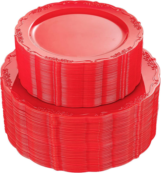 U-QE 100PCS Red Plastic Plates - Heavy Duty Plastic Disposable Party Supplies Include 50PCS 10" Dinner Plates and 50PCS 7.5" Dessert/Salad Plates for Party, Wedding
