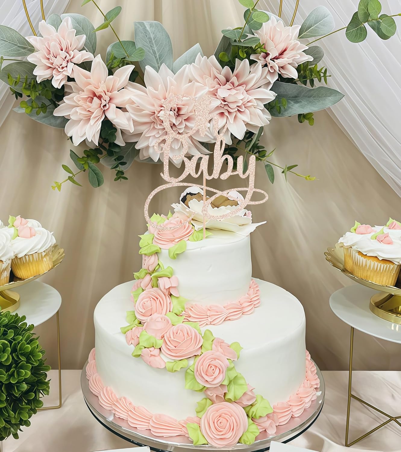 Oh Baby Cake Topper - Rose Gold Glitter Baby Birthday Party Cake Decoration Supplies, for Baby Shower/Gender Reveal Party Photo Booth Props