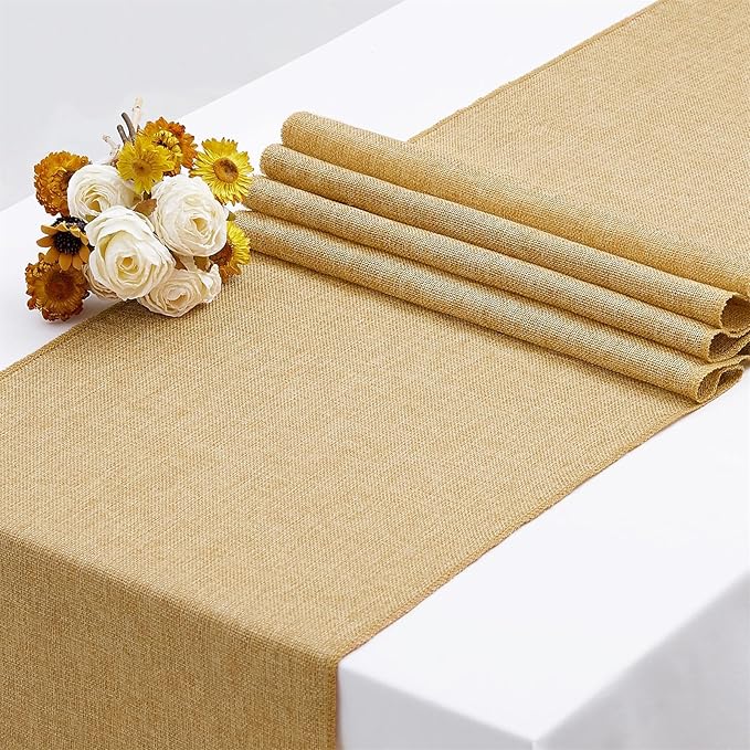 B-COOL 4 Pieces Burlap Table Runners: 13x108 Inch Khaki Rustic Jute Table Runner Thanksgiving Table Cover for Farmhouse Macrame Boho Fall Party Home Dining Decorations
