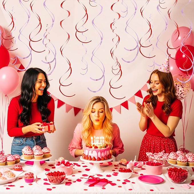 BEISHIDA Red Pink Hanging Swirls Party Decorations Plastic Streamer for Bachelorette Hanging Ornament Decorations, Valentine Wedding Girl Birthday Mother‘s Day Party Supplies, Pack of 20