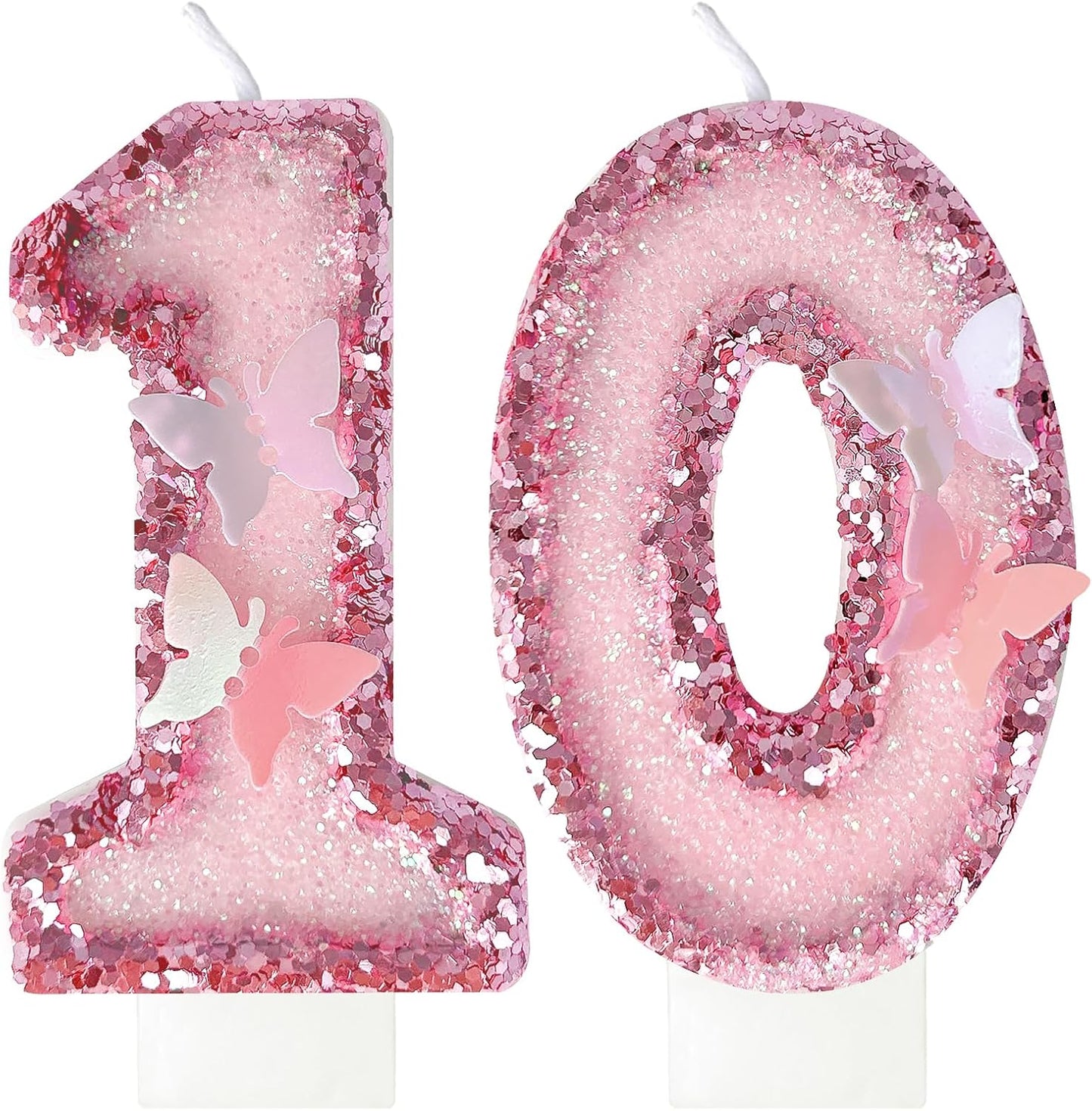 10Th Birthday Candles，Glitter Butterfly Cake Toppers Pink Sequins Wedding Numeral Cupcake Decorations，Suitable for Girl and Boy Wedding Cakes, Party Celebrations, Birthday Decorations (10)
