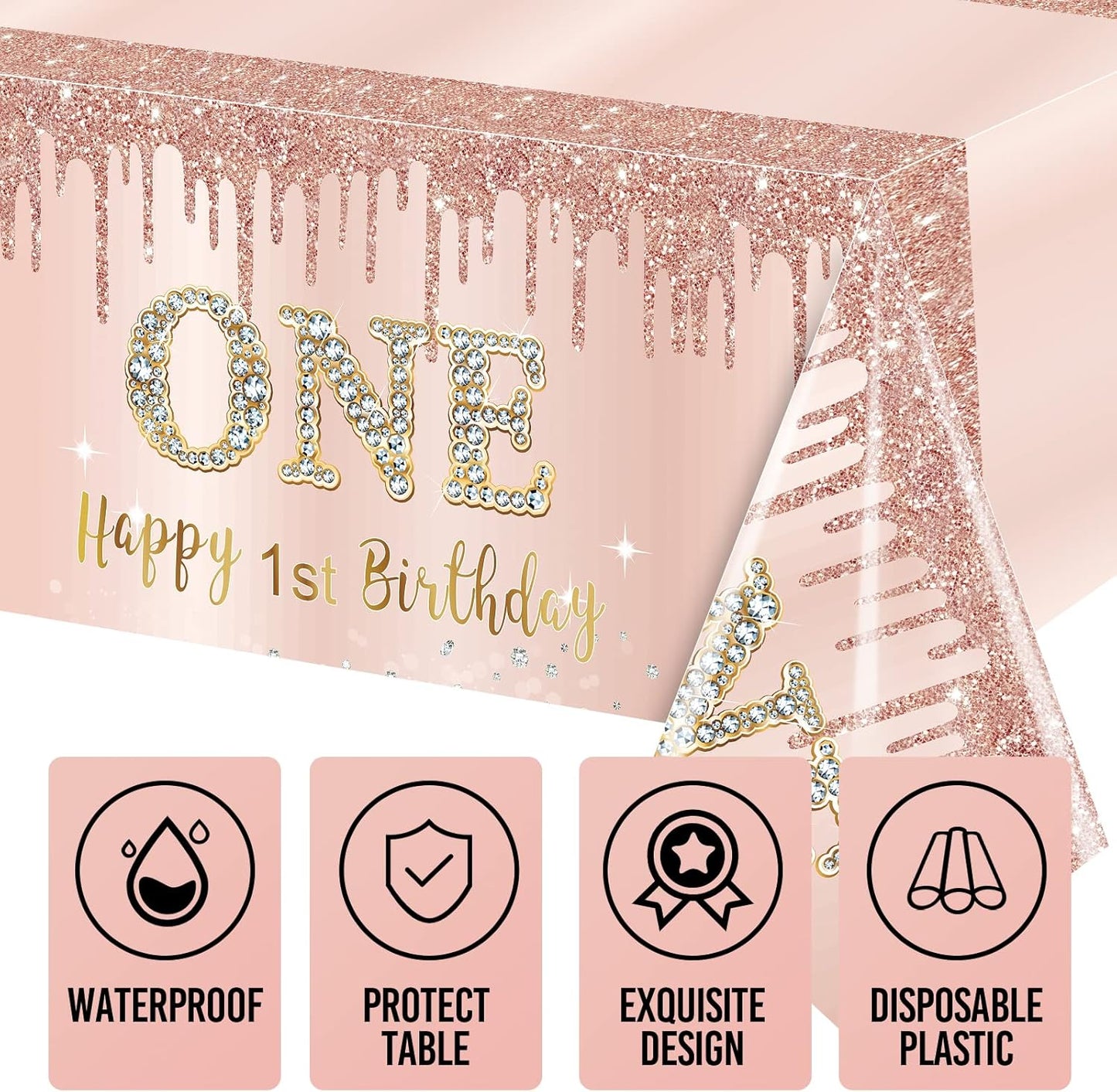 Excelloon 3 Pcs 1st Birthday Tablecloth Decorations for Baby, Pink Rose Gold First Birthday Theme Table Cover Party Supplies, One Year Old Birthday Plastic Disposable Rectangular Table Cloth Decor