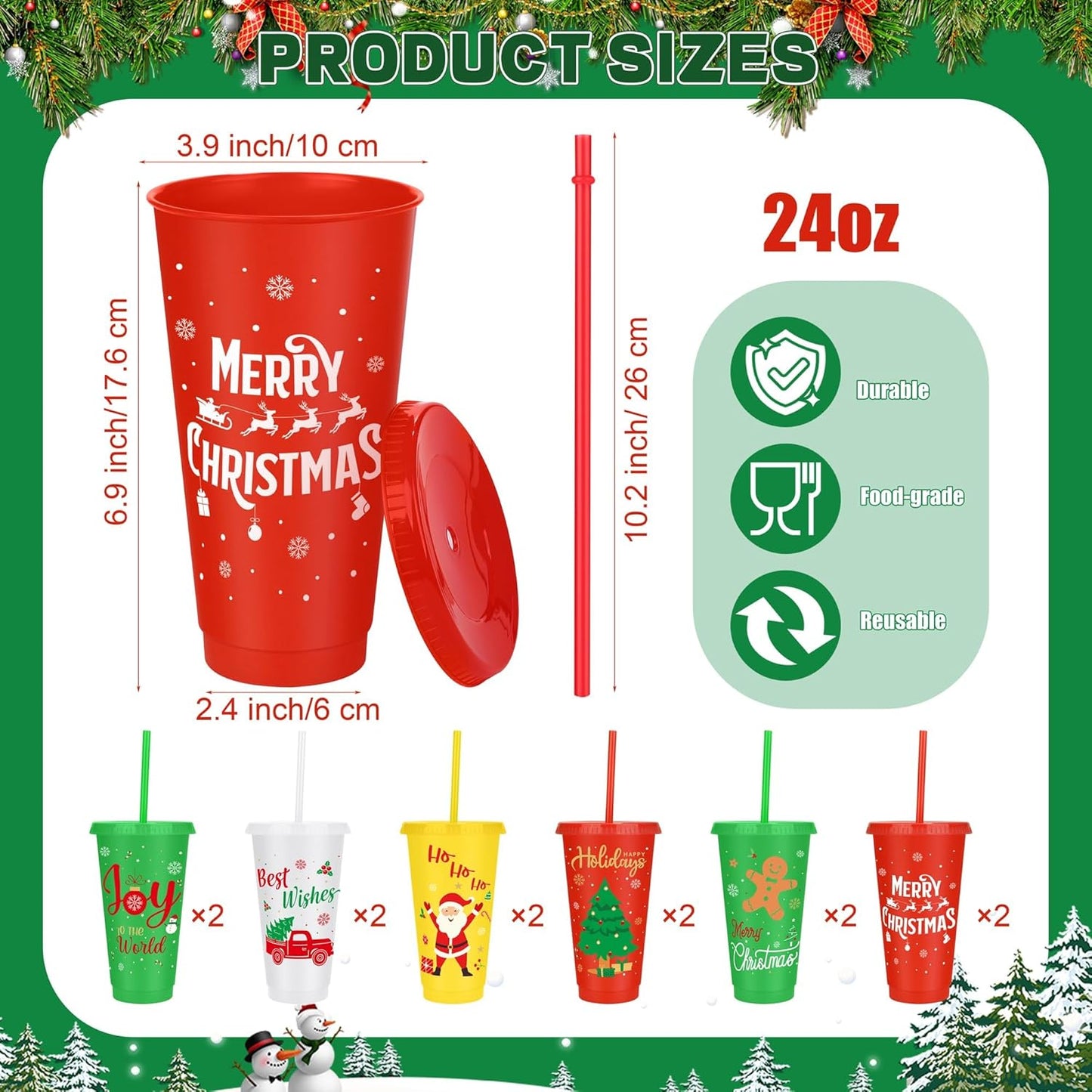 12 Pieces Christmas Plastic Cups 24oz Reusable Plastic Tumbler with Lids and Straws Bulk Christmas Holiday Drinking Cups for Xmas Party Supplies, 6 Designs
