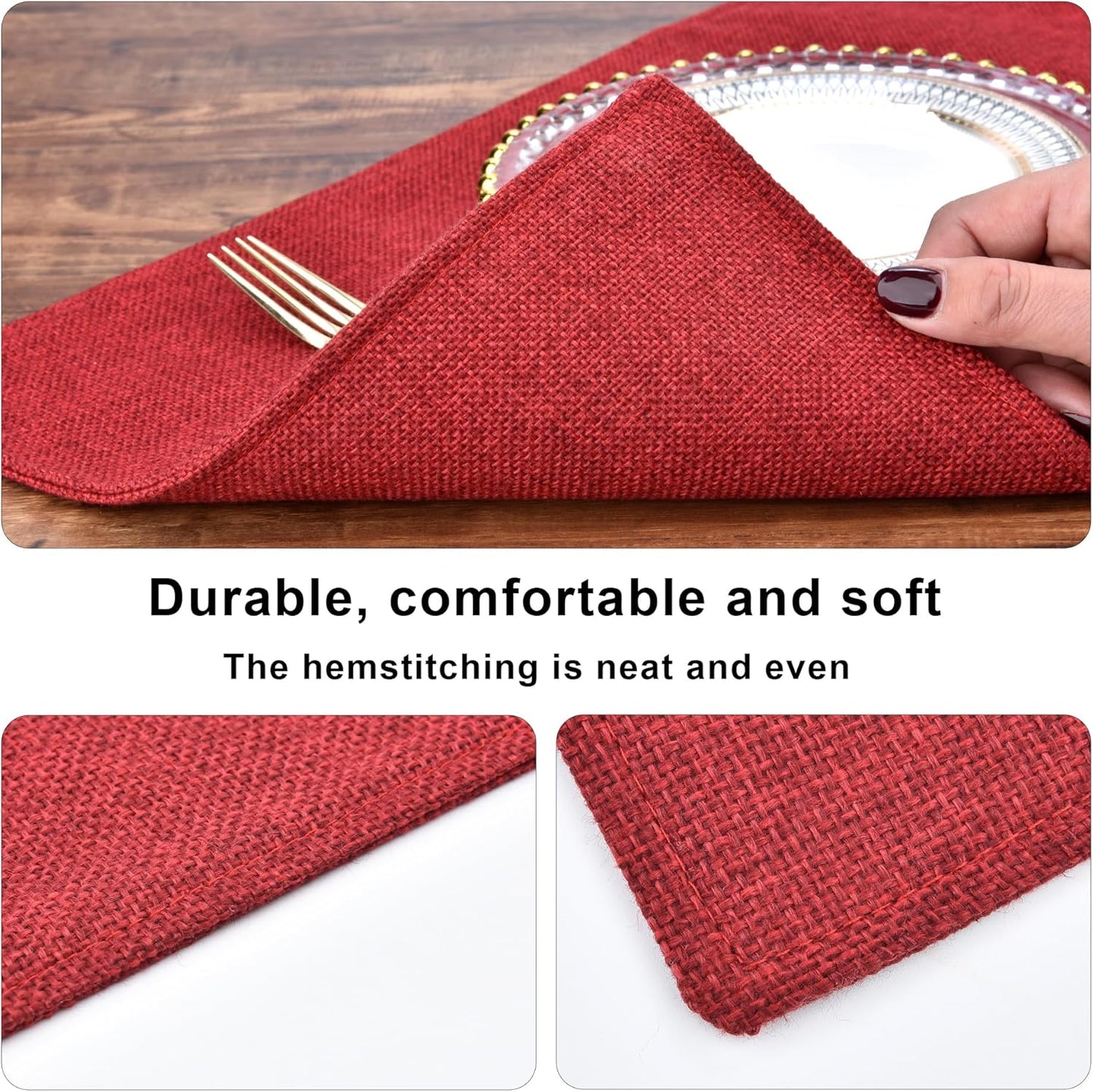 SLKQG Christmas Linen-Look Fabric Placemats Set of 8 - Holiday Dining Table Mats for Festive Decor, Heat Resistant & Machine Washable, Place Mats for Dinner Parties, Xmas Gift for Home (8, Wine Red)