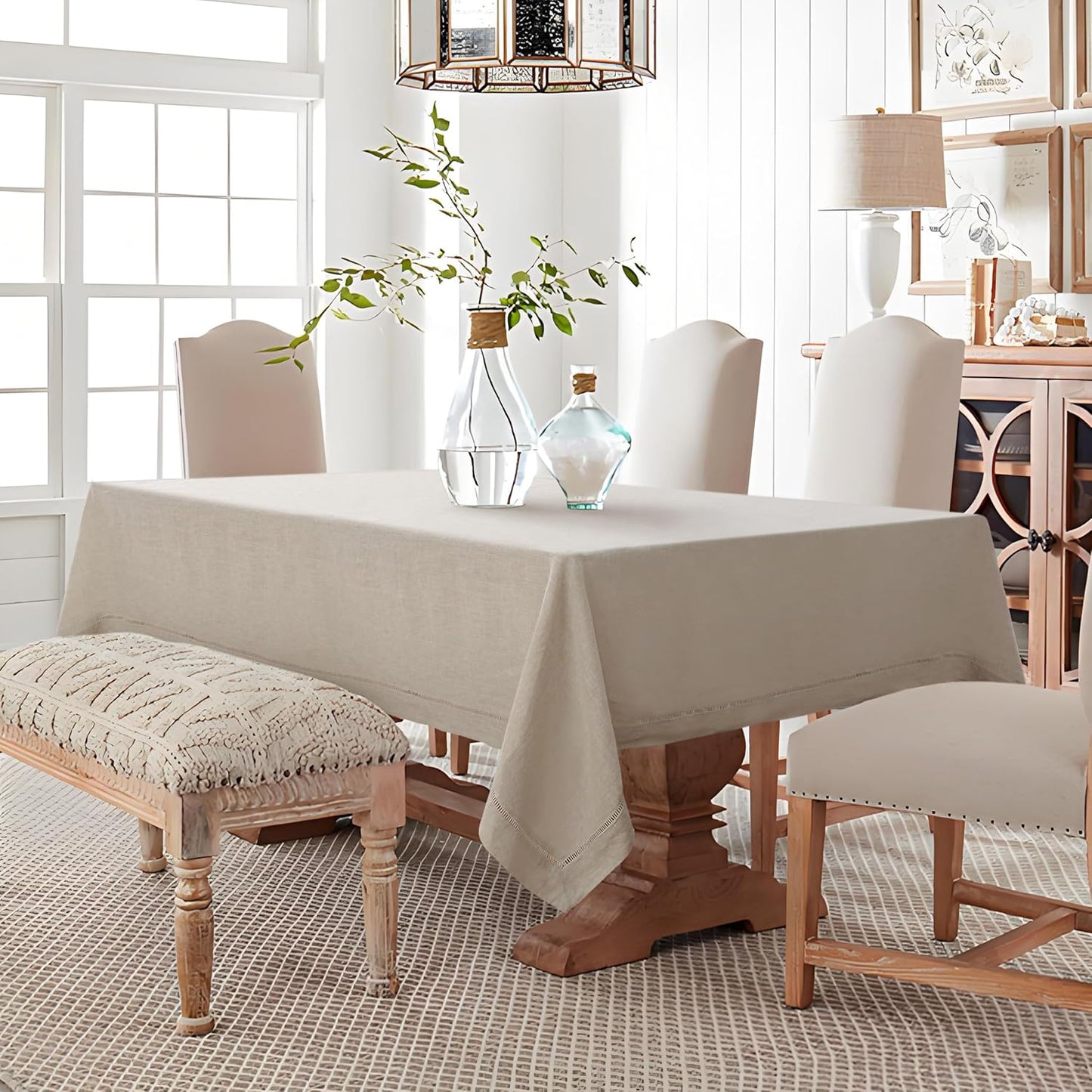 Linen World Hemstitch Linen Tablecloth,French Linen Natural Tablecloth 120" x 60" Inch,Washable Rectangular Table Cloth for Dining,Outdoor,Weddings and Restaurants,Decorative Thanksgiving Christmas