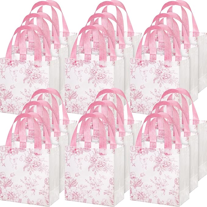 HunnmingRe 30 Pcs Pink Floral Gifts Bags Bridal Shower Party Favor Bags Bulk Wedding Welcome Non Woven Tote Handbags for Baby Shower Birthday Tea Fall Party Supplies
