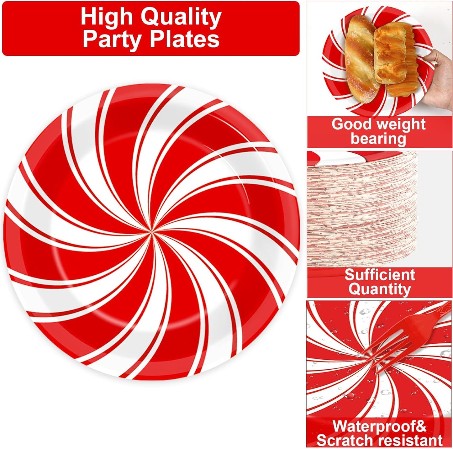 gisgfim 50 Guests Christmas Peppermint Candy Party Supplies Candy Mint Plates and Napkins Forks Xmas Tableware Red and White Striped Paper Plates for Holiday Party 200PCS