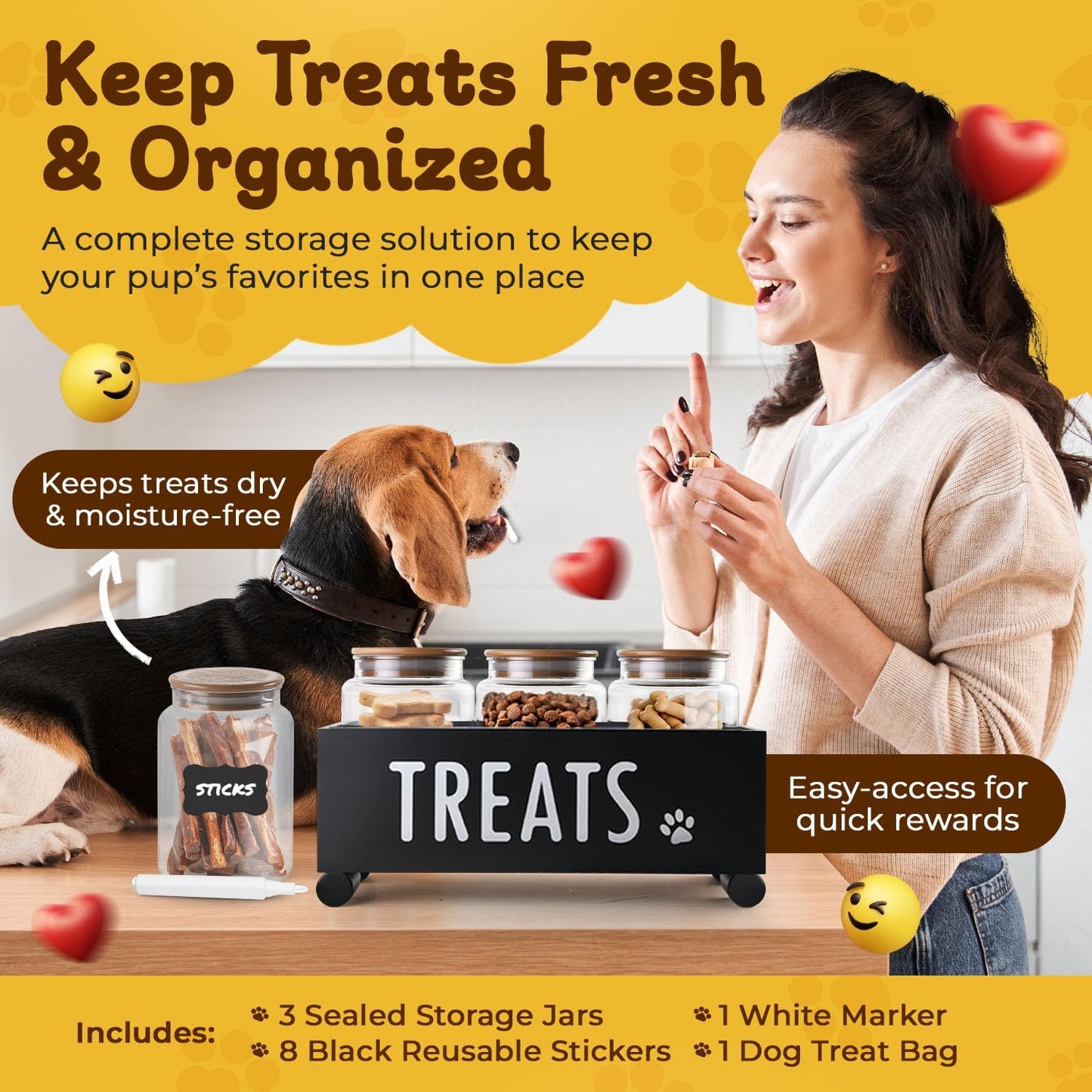 Dog Treat Container - Includes 3 Treat Jar, 1 Treat Bag, Wooden Pet Treat Container, Storage Basket For Pets, Dog Treat Station, with Reusable Sticker & Marker