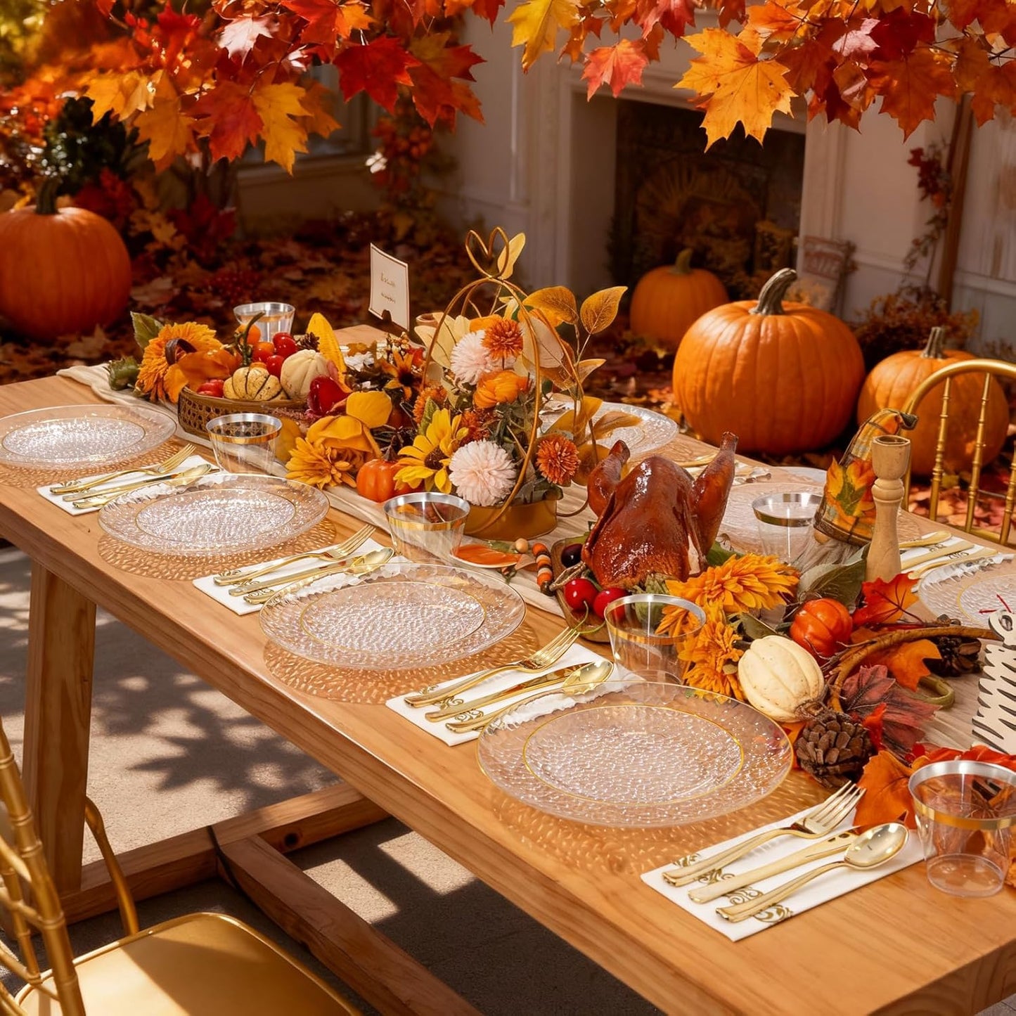 Rubtlamp 350 Pcs Clear Gold Plastic Plates, Hammered Disposable Dinnerware, Clear-Gold Plates Set Include 100 Plastic Platos, 150 Gold Disposable Silverware, 50 Cups And 50 Napkins for Thanksgiving