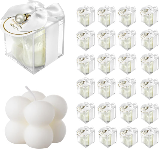 ACITHGL 30 Sets Fully Assembled Small Bubble Candle Party Favors for Guests Bulk Bridal Showers Favors Candles with Stylish Ribbons Thank You Cards Gifts (White)