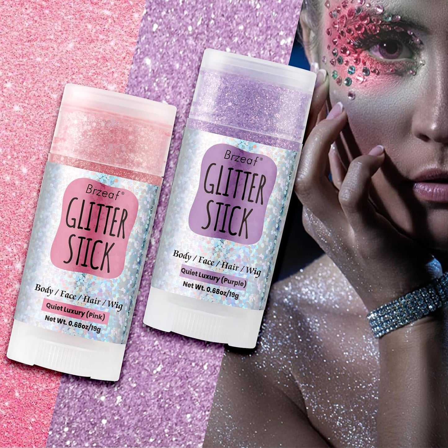 Brzeaf Pink Glitter Stick, Not Greasy & Long Lasting, Christmas Face Glitter Gel, Chunky Glitter for Face/Body/Hair/Eyes/Lip, Singer Concert Music Rave Festival, Glitter Stick Makeup for Women Men