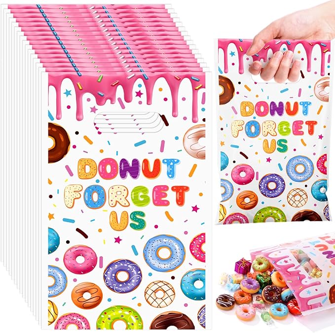 Supervitae 100 Pcs Donut Forget Us Plastic Gift Bags Goodbye Party Favor Bags Bulk with Handles for Coworker, Retirement, Going Away, Office Farewell and Leaving Goodie Candy Treat Party Supplies