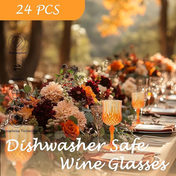 Plastic Wine Glasses, Plastic Goblets Vintage Style Cordial Unbreakable Drinking Glasses, Reusable Drinkware for Wedding Reception, Grand Event Party Supplies, Easter (24, Pumpkin orange)