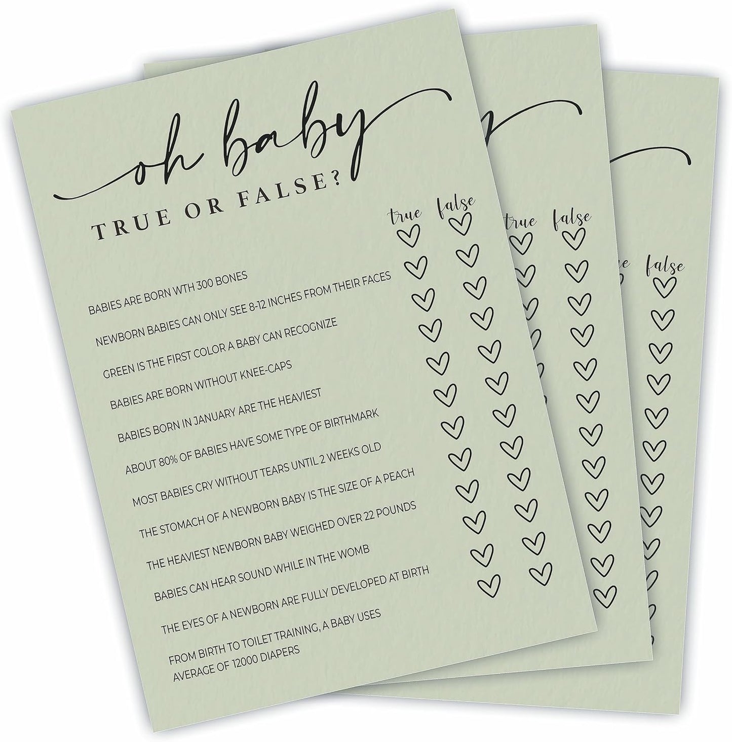 Oh Baby! True Or False Cards - Baby Shower Game & Activity - 5"X7" Moss Green Double-Sided Fill In Style Game Cards, Gender Reveal Game - Baby Shower Party Favors (Pack Of 30 & 1 Answer Card)-B05
