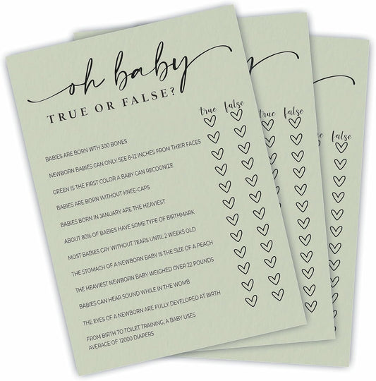 Oh Baby! True Or False Cards - Baby Shower Game & Activity - 5"X7" Moss Green Double-Sided Fill In Style Game Cards, Gender Reveal Game - Baby Shower Party Favors (Pack Of 30 & 1 Answer Card)-B05