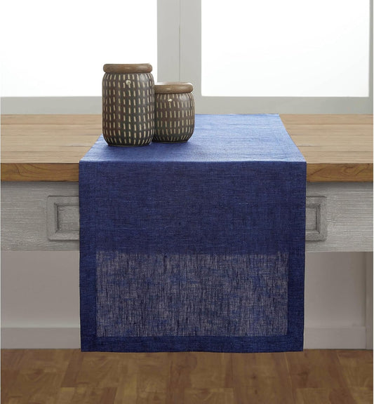 Solino Home Linen Chambray Navy Table Runner 108 Inches Long - Athena, 100% Pure Linen Dining Table Runner 14 x 108 Inch for Fall, Autumn, Thanksgiving, Christmas, Holiday