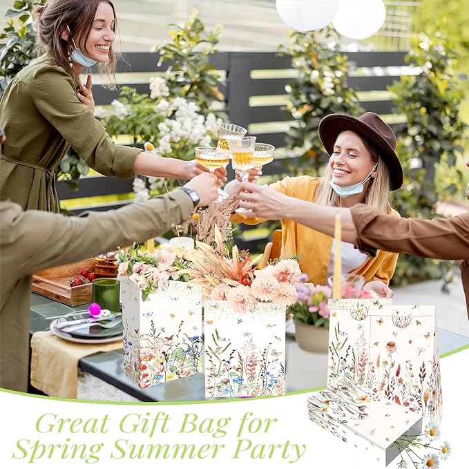Inshinern Wildflower Party Favor Gift Bags Small Spring Floral Party Bags with Sticker Boho Theme Candy Goodie Bag for One Birthday Baby Shower Woodland Picnic Garden Tea Party Supplies (12Pcs)