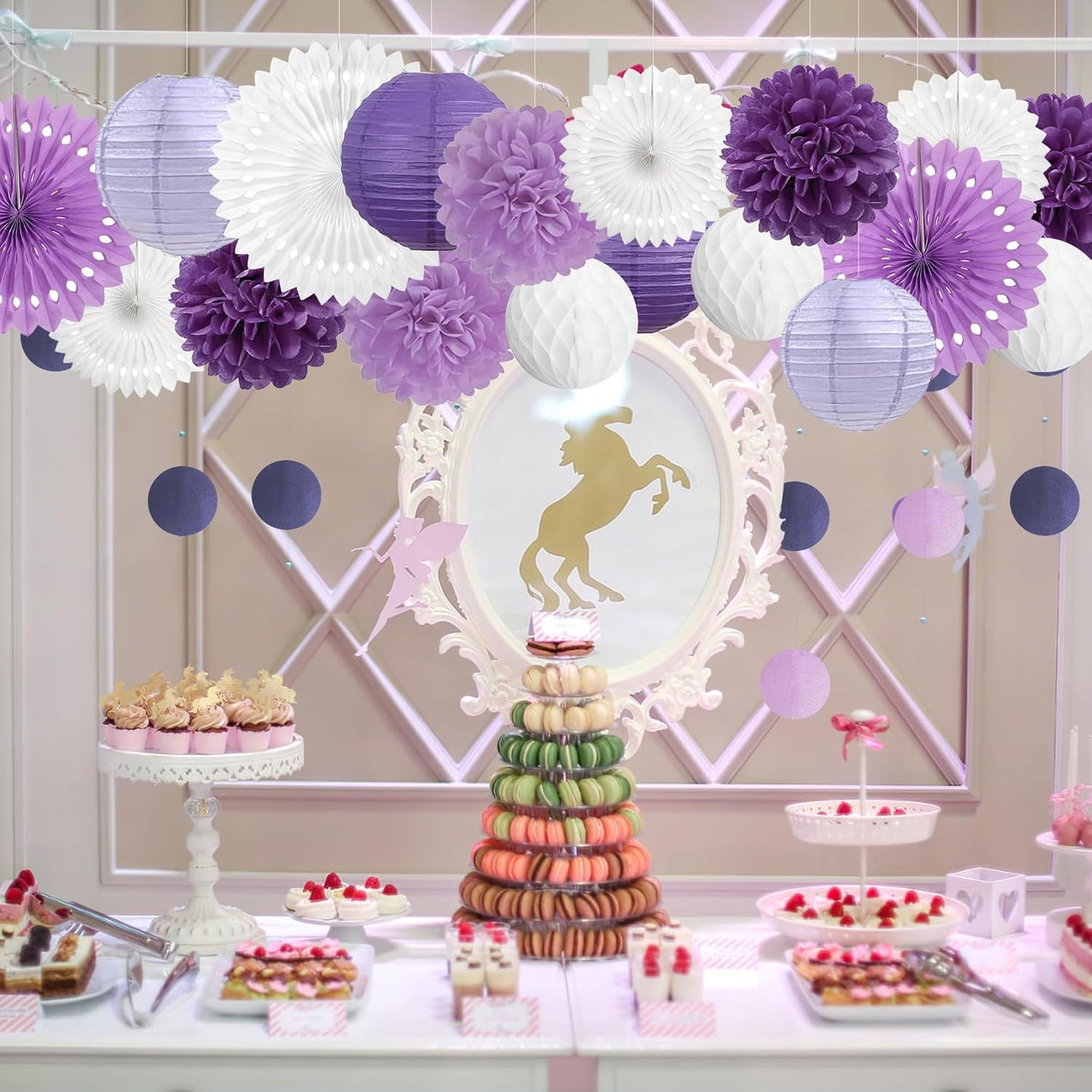 Purple and White Party Decorations Lavender Paper Fans Paper Lanterns Pom Poms Flowers for Baby Shower Birthday Wedding Engagement Party