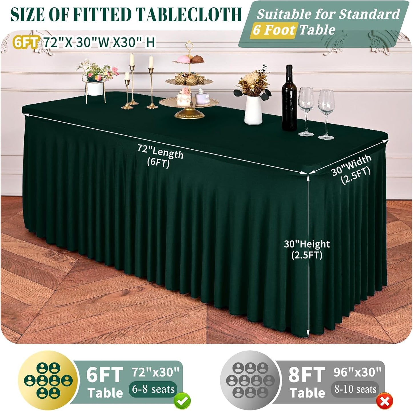 2 Packs Emerald Green Stretch Table Skirts for 6 Foot Rectangle Table, Washable Spandex Stretch Tablecloths with Skirt, Wrinkle Resistant Fitted Tablecover for Wedding Party Banquet