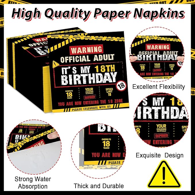 96 PCS Caution Logos 18th Birthday Party Paper Plates and Napkins 18 Years Old Party Decoration Warning Themed Official Adult 18th Dinnerware for Boys Girls 18 Year Old Birthday Gatherings Decorations