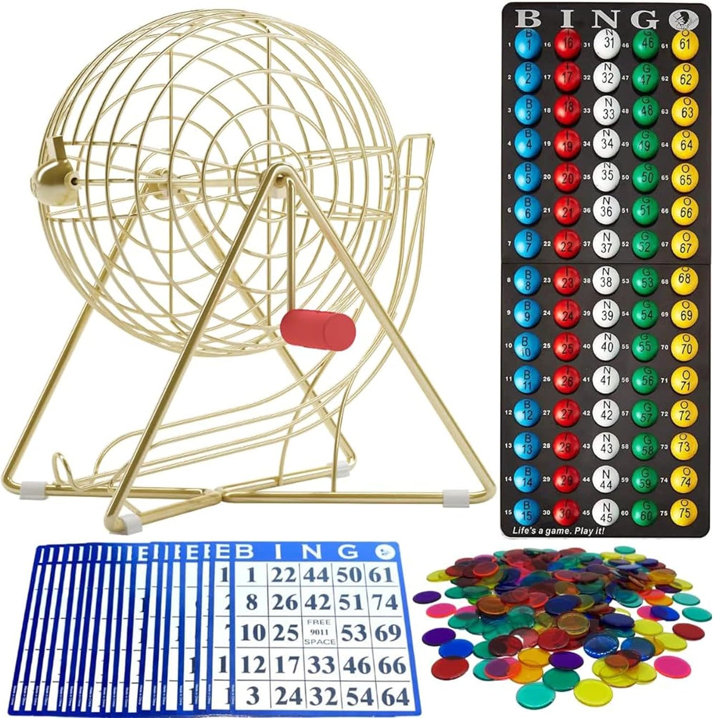 MR CHIPS 11" Tall Bingo Set with Steel Cage Professional Game Everlasting 7/8” Balls, 18 Cards and 300 Chips - Luxury Gold Color