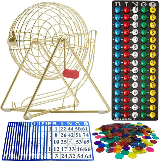 MR CHIPS 11" Tall Bingo Set with Steel Cage Professional Game Everlasting 7/8” Balls, 18 Cards and 300 Chips - Luxury Gold Color