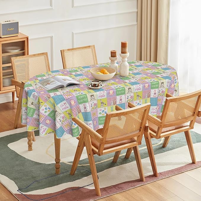 Horaldaily Easter Tablecloth 60×84 Inch Oval, Plaid Bunny Rabbits Easter Egg Anemone Bowknot Colorful Washable Seasonal Table Cover for Party Picnic Dinner Decor