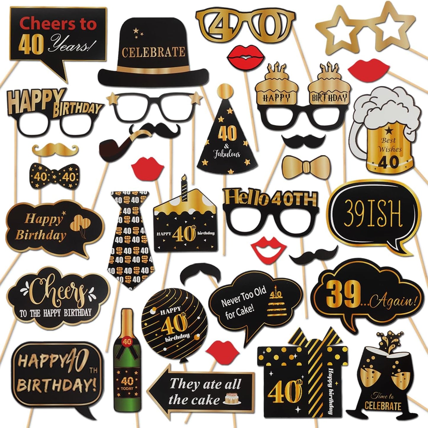 LINGTEER Happy 40th Birthday Party Photo Booth Props,Cheers to 40th Birthday Forty Years Old Bday Party Centerpieces Props Decorations Sign.