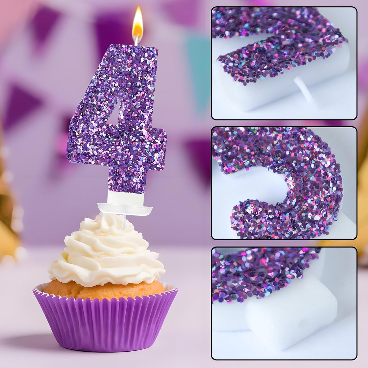 Birthday Number Candles, Glitter Number Candle Cake Decorations with Sequins, Cupcake Decorations for Girls, Women, Party Anniversary Celebrations (Number 4, Purple)